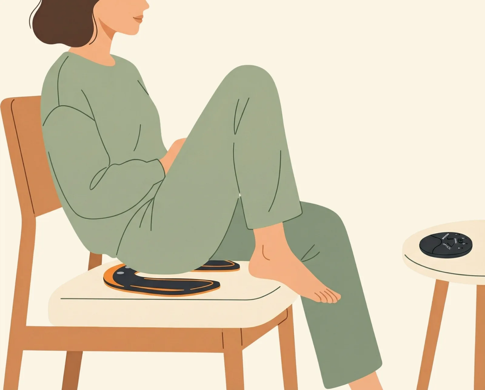 Krok 1: Kobieta siedząca wygodnie na krześle z urządzeniem EMS umieszczonym zewnętrznie