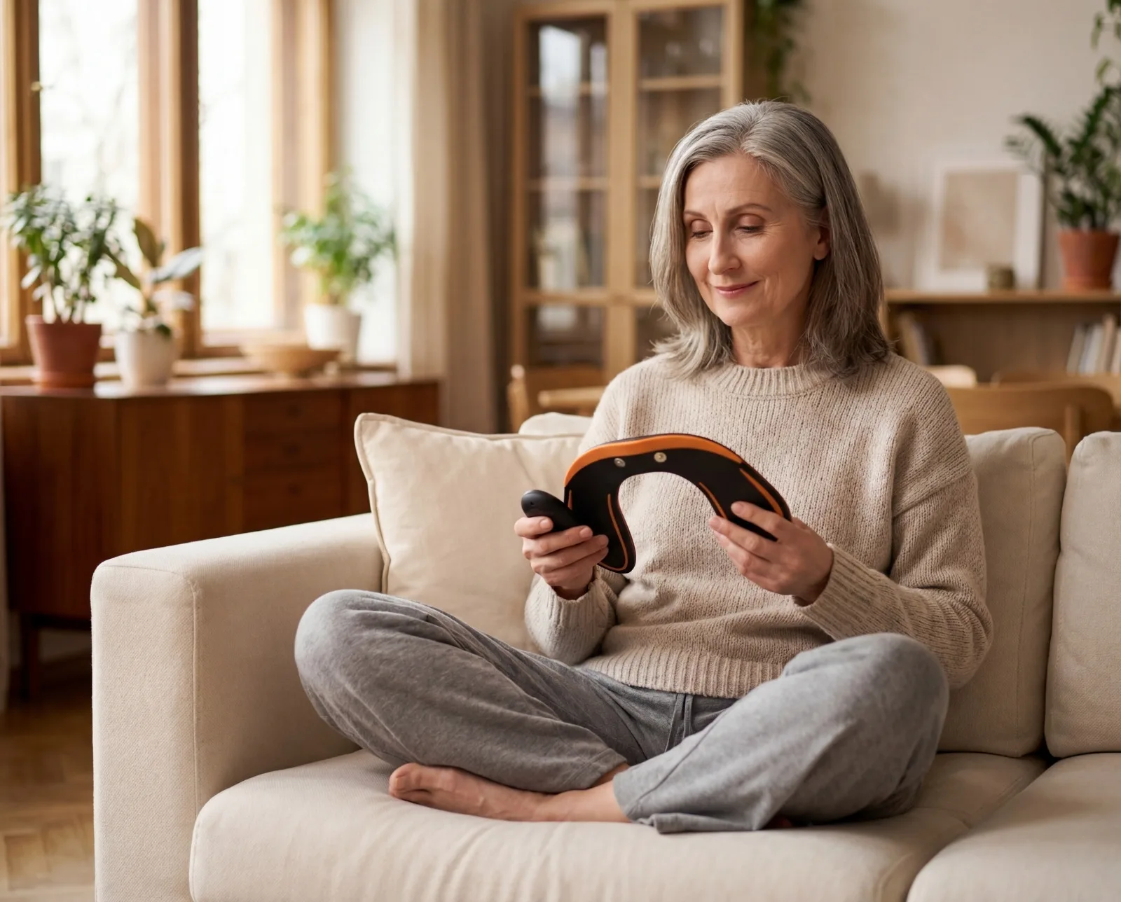 Uśmiechnięta kobieta trzymająca trener EMS dna miednicy w domu